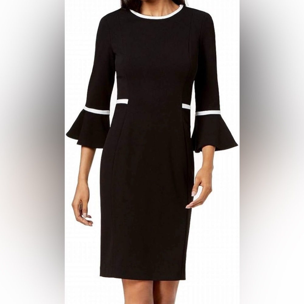 CLASSIC Calvin Klein black dress with white accents, flare sleeves, gold zipper